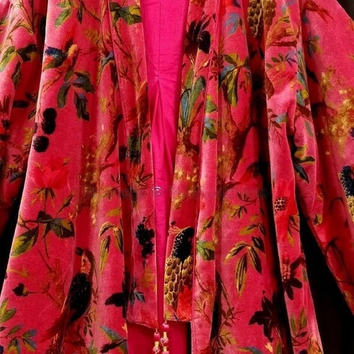 OFMD Pink Bird Velvet Banyan Fabric Kimono Cotton Velvet Robe Etsy Canada