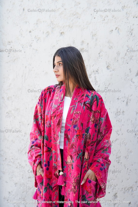 Pink Bird Velvet Banyan Fabric Kimono Cotton Velvet Robe Long, Original OFMD break up robe Printed Kimono With Tassels