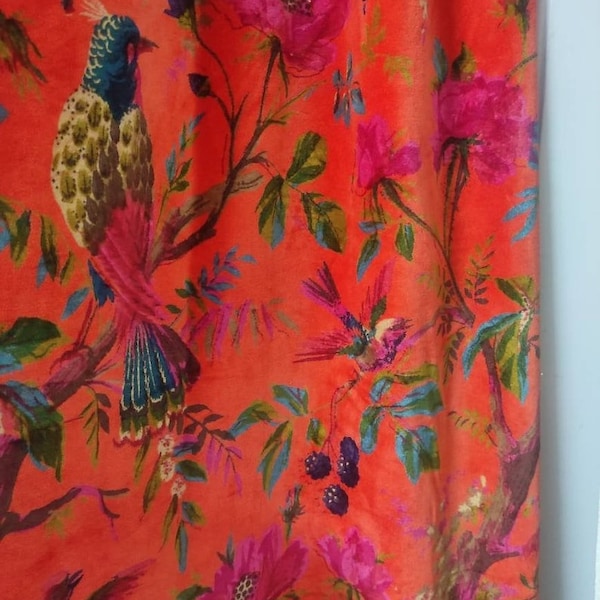 Vintage Style Cotton Velvet Coral Orange Color Bird Print luxury Curtain, Boho Curtain, luxury Drapes