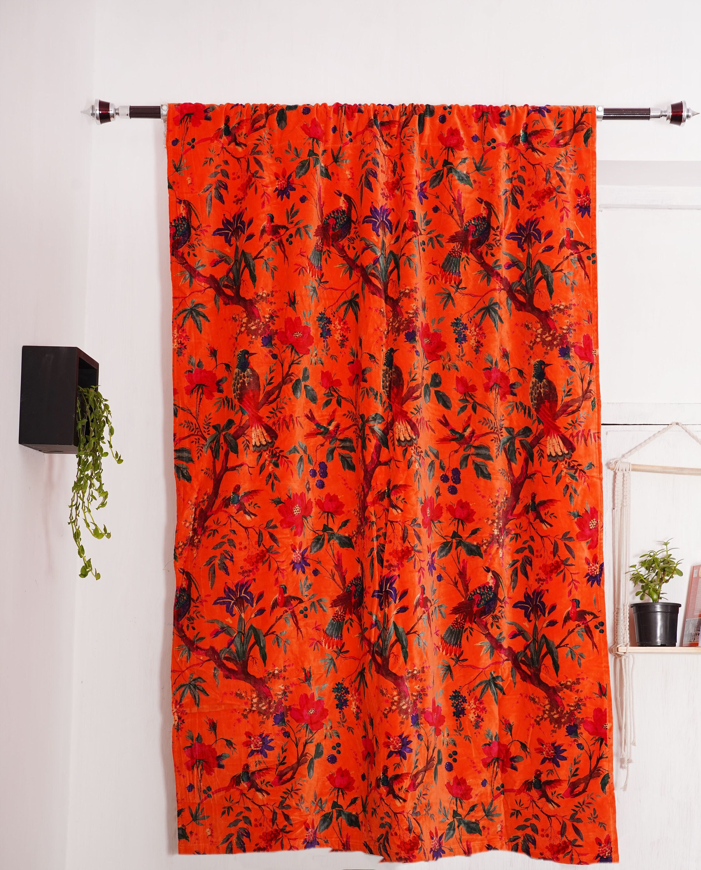 Vintage Cotton Velvet Coral Orange Color Bird Print luxury Curtain, Boho Curtain, luxury Drape Customized to Blackout Drapes, New Year Gift