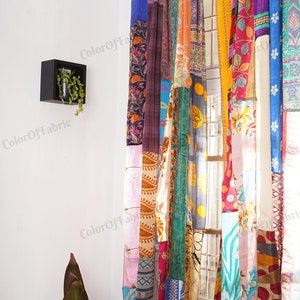 2 pcs of Indian Vintage Old Silk Sari Multi color Handmade Patchwork Curtain Door Drape Window Home Decor Recycled Curtain