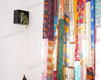 2 pcs of Indian Vintage Old Silk Sari Multi color Handmade Patchwork Curtain Door Drape Window Home Decor Recycled Curtain