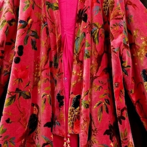 Pink Bird Velvet Banyan Fabric Kimono Cotton Velvet Robe Long - Etsy