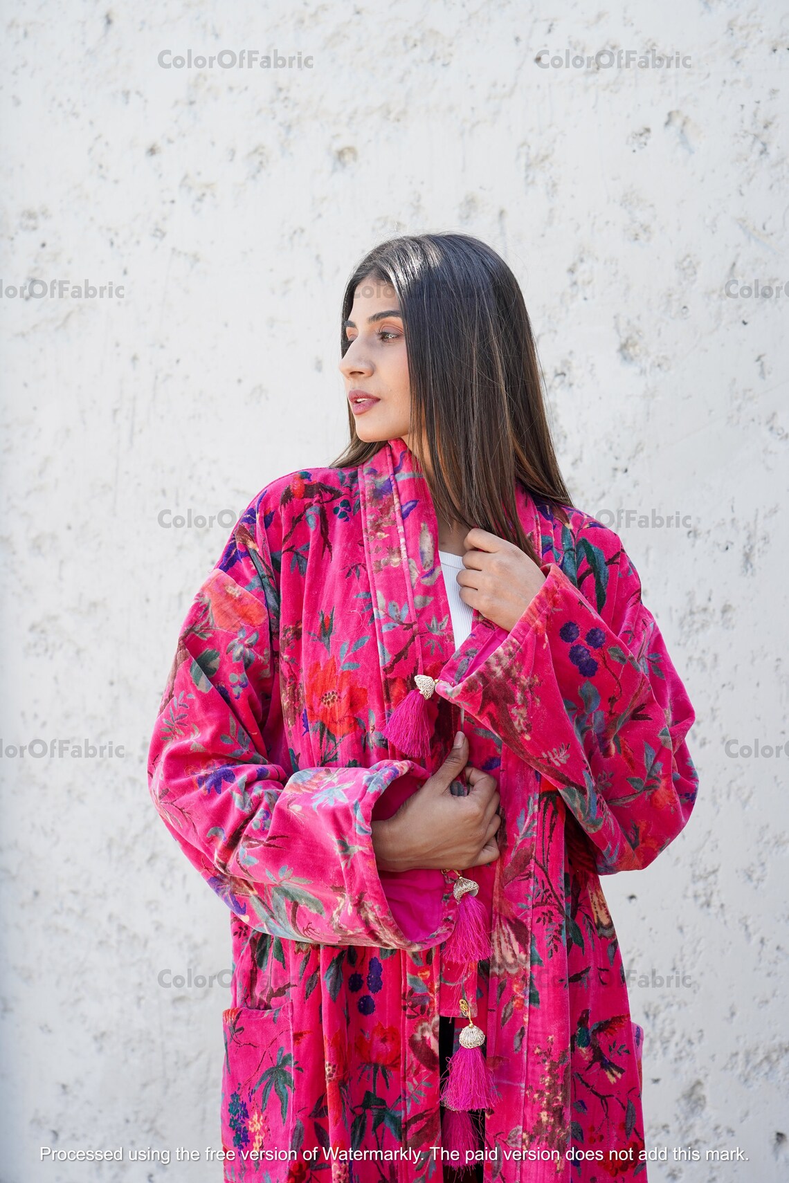 Ofmd Robe OFMD Pink Bird Velvet Banyan Fabric Kimono Cotton Velvet Robe Long ...