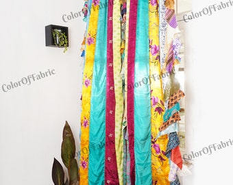 Sari en soie ancienne Vintage indien, 2 pièces, rideau Patchwork multicolore fait à la main, drapé de porte, fenêtre, décoration de maison, rideau recyclé