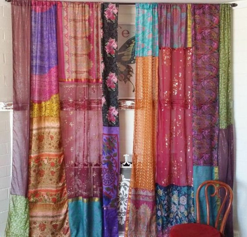 Wholesale Lot of Indian Vintage Old Silk Sari Multi color Handmade Patchwork Curtain Door Drape Window Home Decor Recycled Curtain 