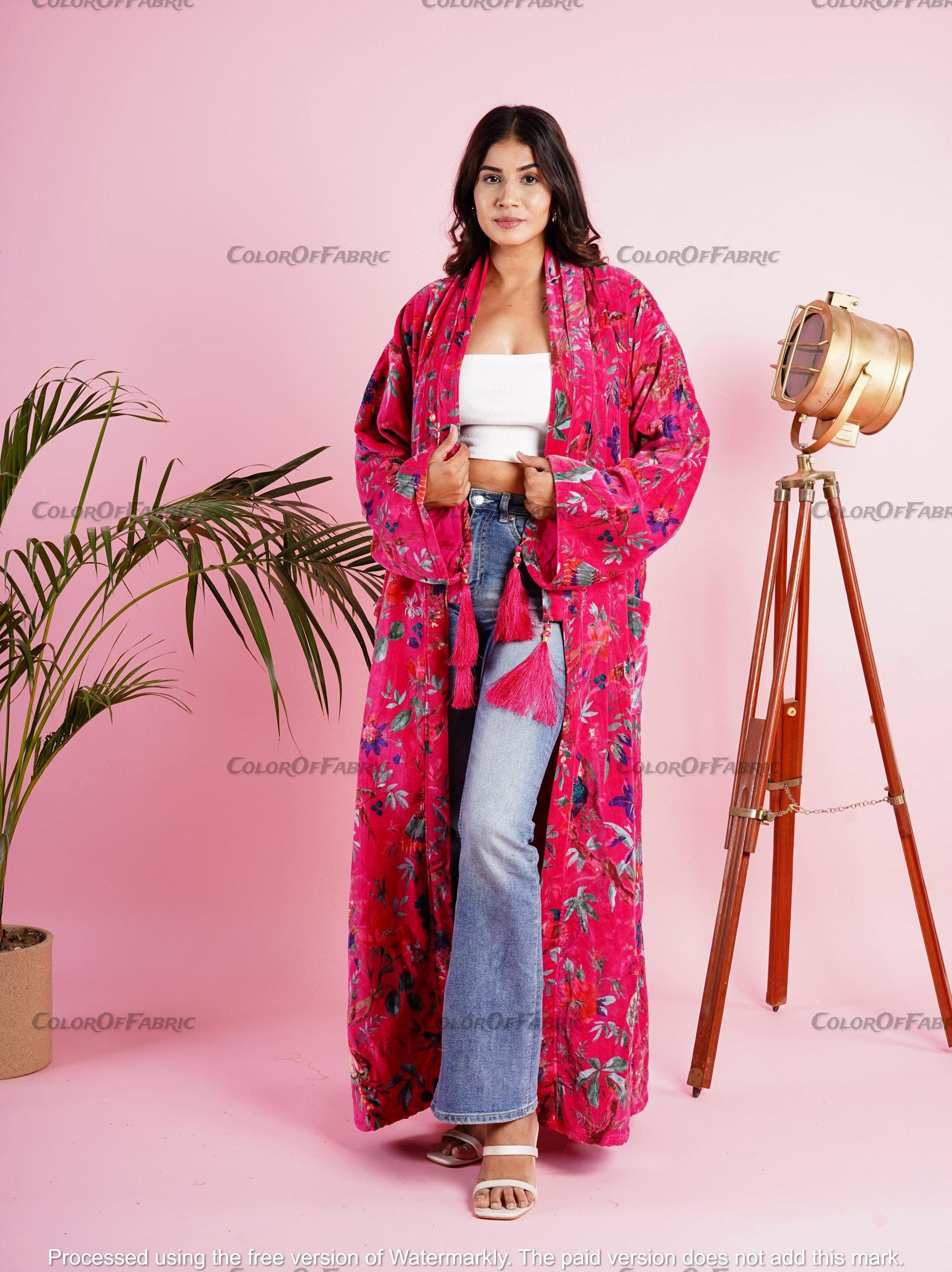 Ofmd Robe OFMD Pink Bird Velvet Banyan Fabric Kimono Cotton Velvet Robe Long ...