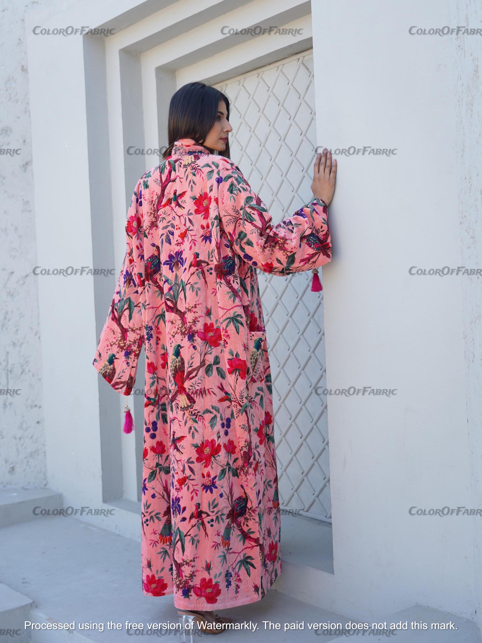 Ofmd Robe OFMD Pink Bird Velvet Banyan Fabric Kimono Cotton Velvet Robe Long ...