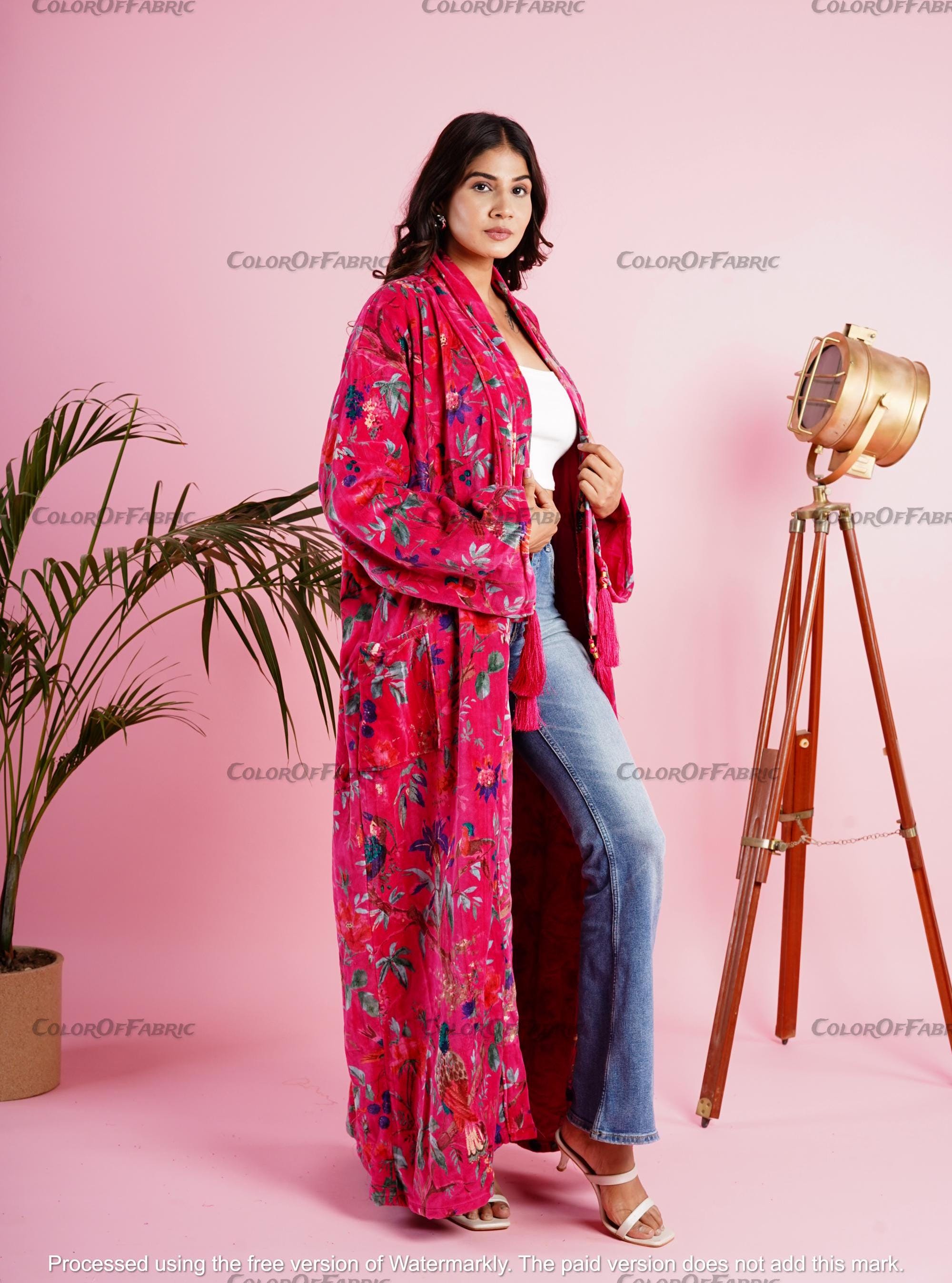 Ofmd Robe OFMD Pink Bird Velvet Banyan Fabric Kimono Cotton Velvet Robe Long ...