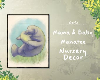 Mama & Baby Manatee | Nursery Wall Decor | Newborn Nursery Art | Original Hand-Drawn Artwork