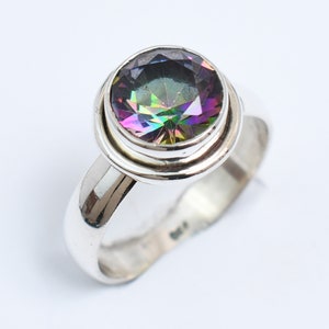 Natural Mystique Topaz 925 Sterling Silver Ring with stone round 8 mm Gemstone Ring Size US 8.25 Handmade Jewelry
