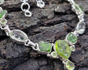 Natural Raw and Faceted Peridot, Chrome diopside and Green Amethyst gemstones necklace handmade 925 Sterling Silver Necklace Jewelry Gift.
