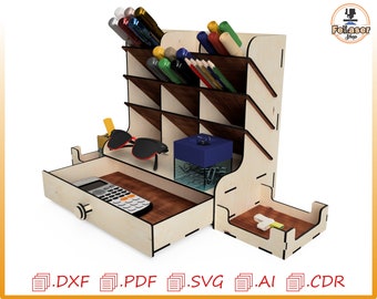 May include: Wooden desk organizer with multiple compartments for pens, pencils, and other office supplies. It has a drawer for storing small items and a separate compartment for glasses. The organizer is made of light wood and has a natural finish.