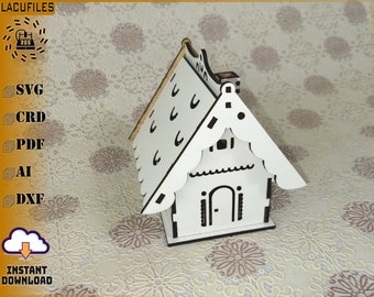 Casa de Navidad para corte láser, casa de té, vectores láser cnc, arte digital, casa de madera, arte láser para glowforge, mini caja de casa. 3 mm
