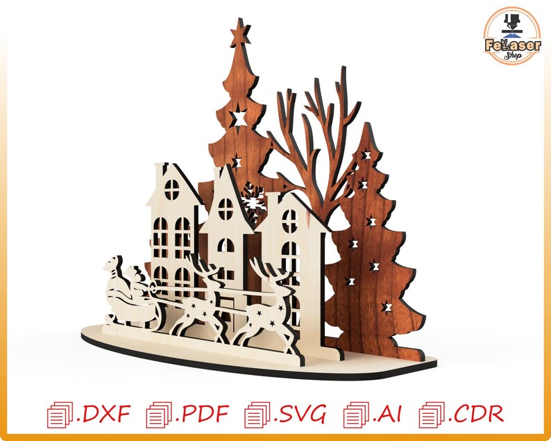 May include: Laser cut wooden Christmas scene with three houses, a Christmas tree, and a reindeer-drawn sleigh with Santa Claus. The houses are white with brown trim and windows. The Christmas tree is brown with white stars. The sleigh is brown with white trim. The reindeer are brown with white antlers.
