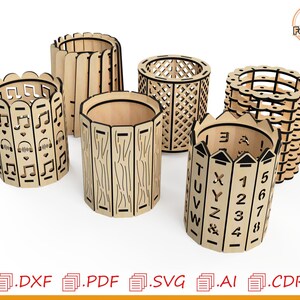 May include: Six wooden pencil holders with different designs. The designs include music notes, a grid pattern, alphabet letters, numbers, and a wood grain pattern.