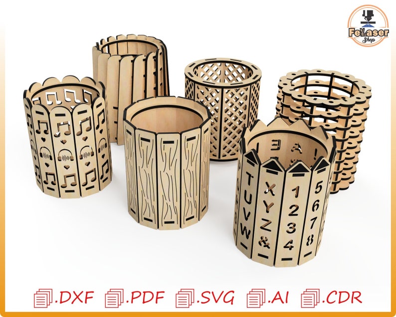 May include: Six wooden pencil holders with different designs. The designs include music notes, a grid pattern, alphabet letters, numbers, and a wood grain pattern.