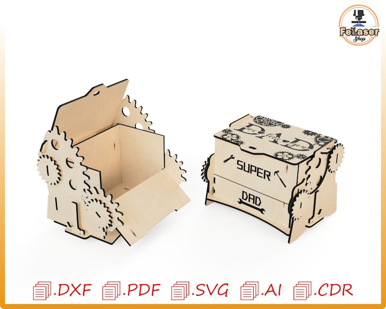 Puede incluir: Dos cajas de madera con detalles en forma de engranaje. Una caja est&aacute; abierta, revelando el interior. La otra caja est&aacute; cerrada, con las palabras "SUPER DAD" y "DAD I love you" grabadas en la parte delantera y superior. Las cajas son de madera clara.