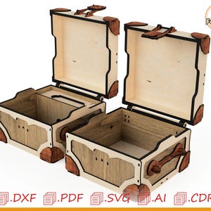 May include: Two open wooden chests with a light wood finish, dark trim, and brown corner accents. The chests have a vintage design with a clasp closure. The image also includes file type icons: .DXF, .PDF, .SVG, .AI, and .CDR.