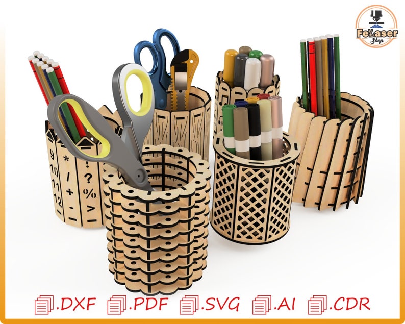 May include: Set of four laser cut wooden pencil holders. The holders are in different styles and feature geometric designs. The holders are filled with pencils, pens, and scissors.