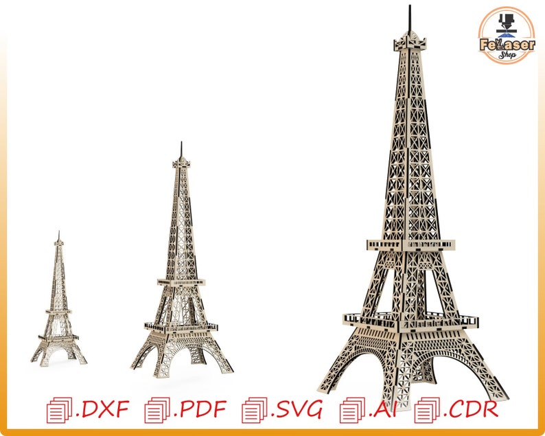 May include: Three different sizes of Eiffel Tower models made of wood. The models are detailed and intricate, with a light brown color. The largest model is about 12 inches tall, the medium model is about 6 inches tall, and the smallest model is about 3 inches tall.