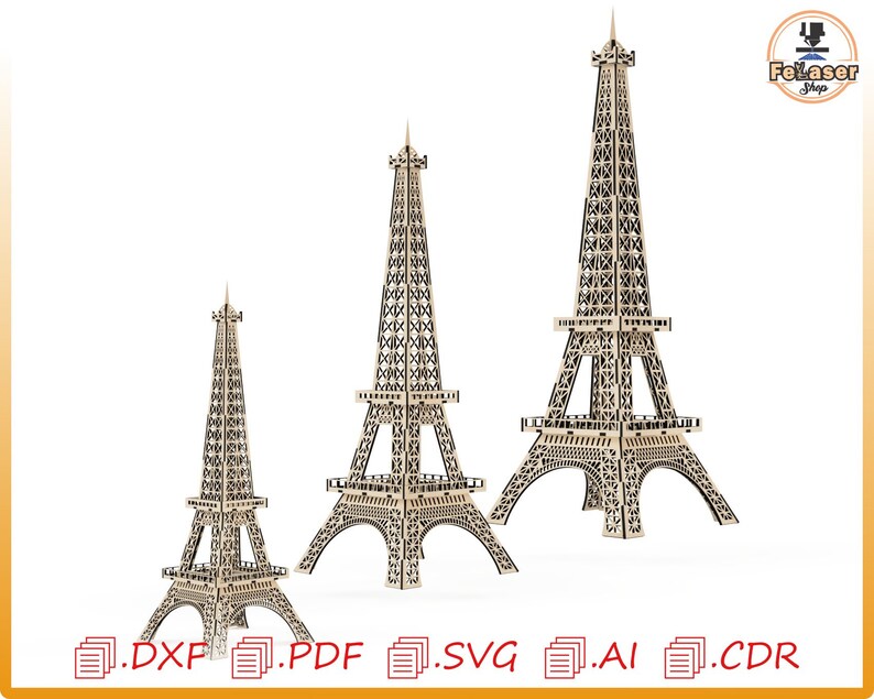May include: Three wooden Eiffel Tower models in different sizes. The largest model is about 15 inches tall, the middle model is about 10 inches tall, and the smallest model is about 5 inches tall. The models are made of wood and have a brown finish. The models are all in the same style, with a black and white design.