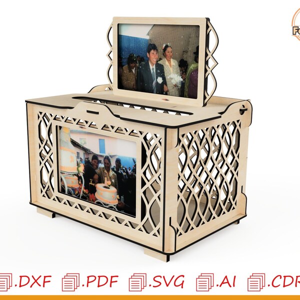 laser cut wedding photo card box, laser cut business card holder, wedding card holder, photo well wish box, laser cut photo card storage.