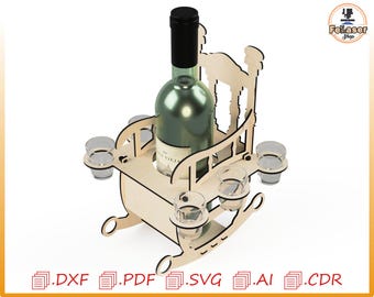 Archivo SVG de soporte para botella de vino y vaso de chupito con mecedora cortada con láser