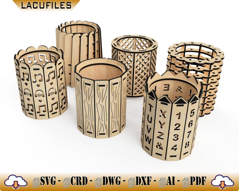 Pencup support for CNC Laser / Table Organizer for the Student / Cylindrical Box for Laser Cut / 6 Pencut Models for CNC Laser Cut / Digital image 4