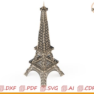 May include: A laser cut Eiffel Tower model made of wood. The model is detailed with intricate designs and is ready to be assembled.