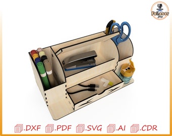 May include: Wooden desktop organizer with multiple compartments for storing office supplies. It features a drawer, a compartment for pens and pencils, a compartment for scissors, and a compartment for a stapler. The organizer is made of light wood and has a natural finish.