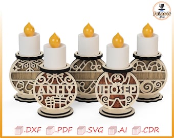 Laser Cut Candle Holder SVG | Personalized Christmas Ornament | Custom Name Wood Lantern File