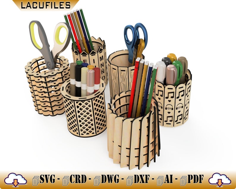 Pencup support for CNC Laser / Table Organizer for the Student / Cylindrical Box for Laser Cut / 6 Pencut Models for CNC Laser Cut / Digital image 3