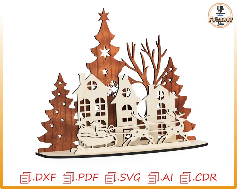 May include: A laser cut wooden Christmas scene with three houses, a Christmas tree, and two reindeer pulling a sleigh. The houses are white with brown trim and windows. The Christmas tree is brown with a star on top. The reindeer are brown with antlers. The sleigh is brown with a white seat.