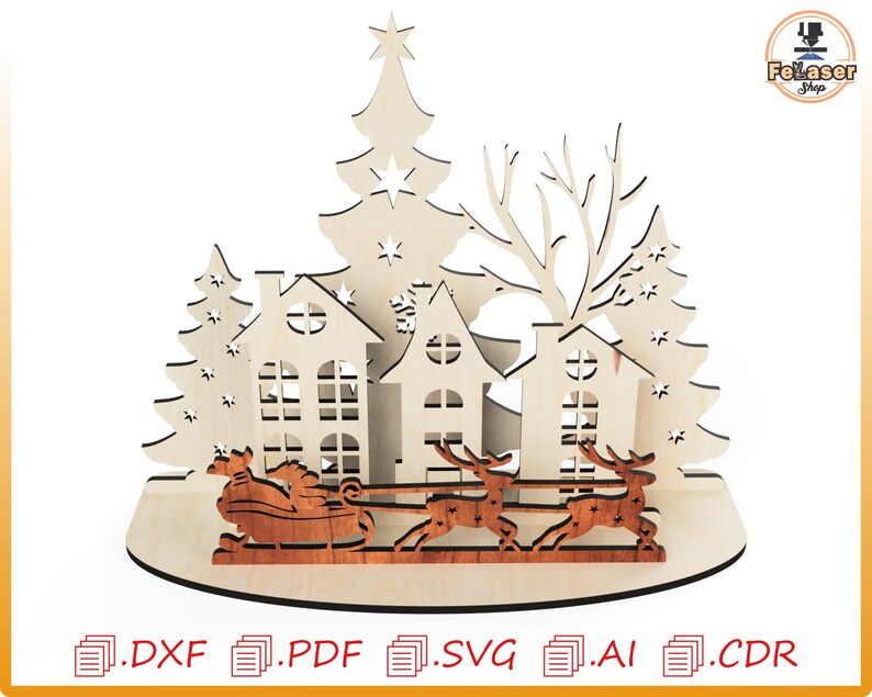 May include: A laser cut wooden Christmas scene with a Christmas tree, houses, and Santa Claus in a sleigh pulled by reindeer. The scene is on a brown base.