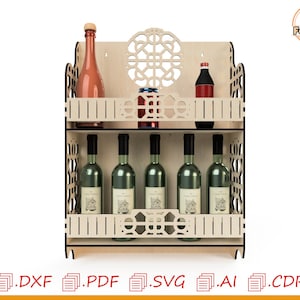 Op de afbeelding: Een houten wijnrek met een decoratief geometrisch ontwerp. Het rek heeft twee planken en biedt ruimte voor zes flessen wijn. Het rek is gemaakt van natuurlijk hout en heeft een lichtbruine afwerking.