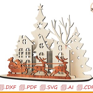 May include: Laser cut wooden Christmas scene with Santa Claus in a sleigh pulled by reindeer, houses, and trees. The design is perfect for creating a festive holiday decoration.