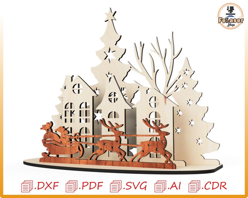 May include: Laser cut wooden Christmas scene with Santa Claus in a sleigh pulled by reindeer, houses, and trees. The design is perfect for creating a festive holiday decoration.