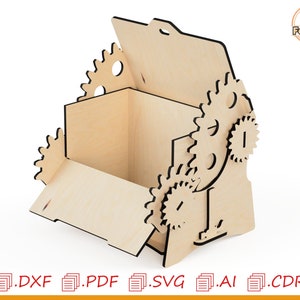 Puede incluir: Una caja de madera con tapa con bisagras y detalles laterales en forma de engranaje. La caja es de madera de color claro y tiene forma rectangular. La imagen tambi&eacute;n incluye iconos de tipo de archivo: .DXF, .PDF, .SVG, .AI y .CDR.