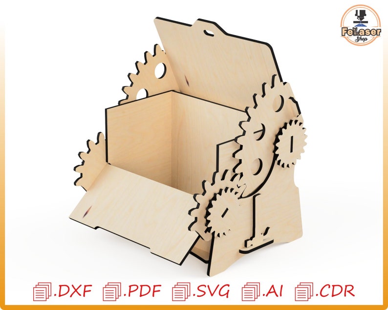 Puede incluir: Una caja de madera con tapa con bisagras y detalles laterales en forma de engranaje. La caja es de madera de color claro y tiene forma rectangular. La imagen tambi&eacute;n incluye iconos de tipo de archivo: .DXF, .PDF, .SVG, .AI y .CDR.