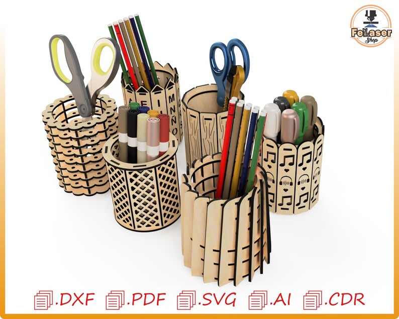 May include: Set of four wooden pencil holders with different designs. The holders are made of laser-cut wood and feature various patterns, including a fence, musical notes, and a wood grain design. The holders are filled with pens, pencils, and scissors.