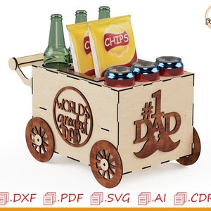 ビールとキャンディのカート、レーザーカット付きのお父さん用のビールカート、レーザーカット ファイル、レーザーカット テンプレート、レーザーカット用ベクター パターン。