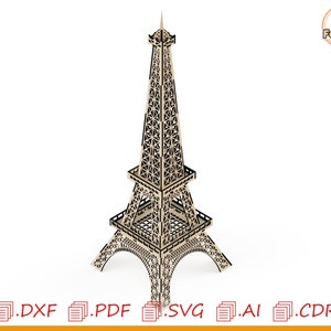 May include: A laser cut Eiffel Tower model made of wood. The model is detailed with intricate designs and is ready to be assembled.