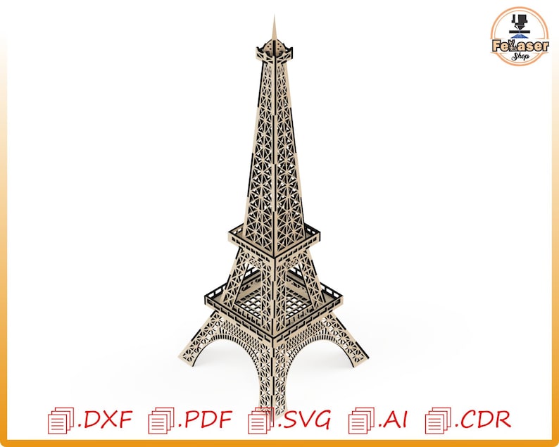 May include: A laser cut Eiffel Tower model made of wood. The model is detailed with intricate designs and is ready to be assembled.