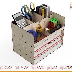 DESKTOP ORGANIZER for laser cutting, glowforge cnc, compartment for sheets and pencil holder, cnc laser, laser cut vectors, desk furniture.