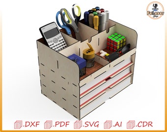 DESKTOP ORGANIZER for laser cutting, glowforge cnc, compartment for sheets and pencil holder, cnc laser, laser cut vectors, desk furniture.