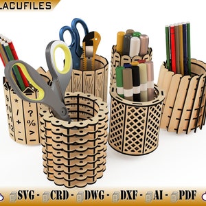 Pencup support for CNC Laser / Table Organizer for the Student / Cylindrical Box for Laser Cut / 6 Pencut Models for CNC Laser Cut / Digital image 2