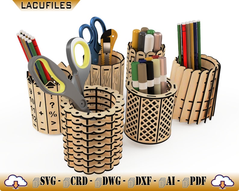 Pencup support for CNC Laser / Table Organizer for the Student / Cylindrical Box for Laser Cut / 6 Pencut Models for CNC Laser Cut / Digital image 2