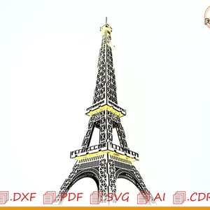 May include: A black and white line art illustration of the Eiffel Tower. The tower is detailed with intricate lines and patterns. The illustration is perfect for laser cutting and creating a 3D model.
