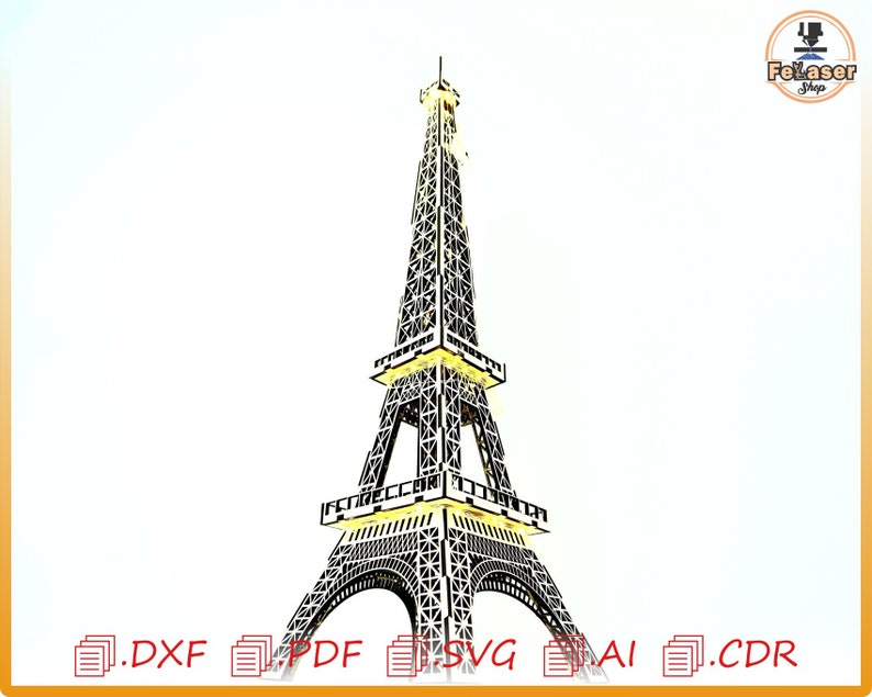 May include: A black and white line art illustration of the Eiffel Tower. The tower is detailed with intricate lines and patterns. The illustration is perfect for laser cutting and creating a 3D model.